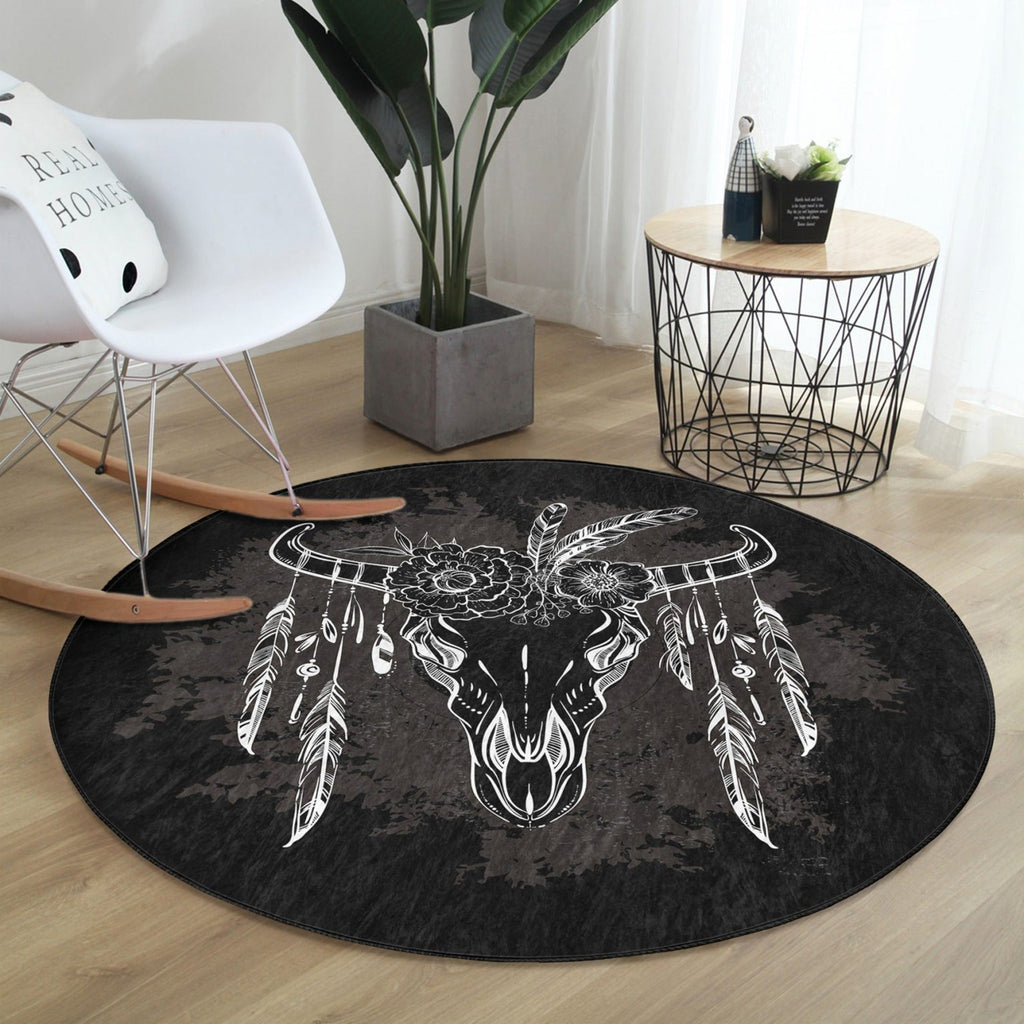 Native Pattern Cow Head Washable Round Rug | Homeezone