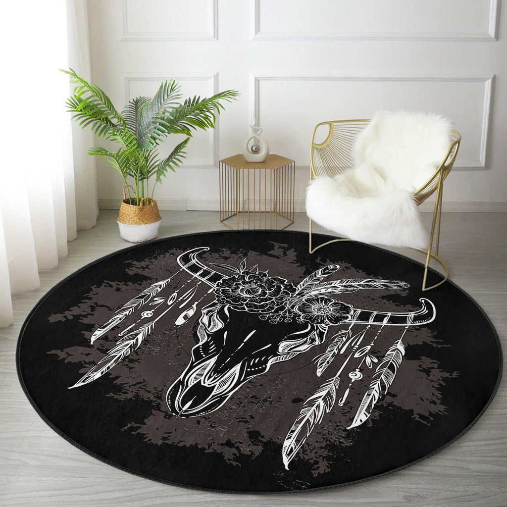 Native Pattern Cow Head Washable Round Rug | Homeezone