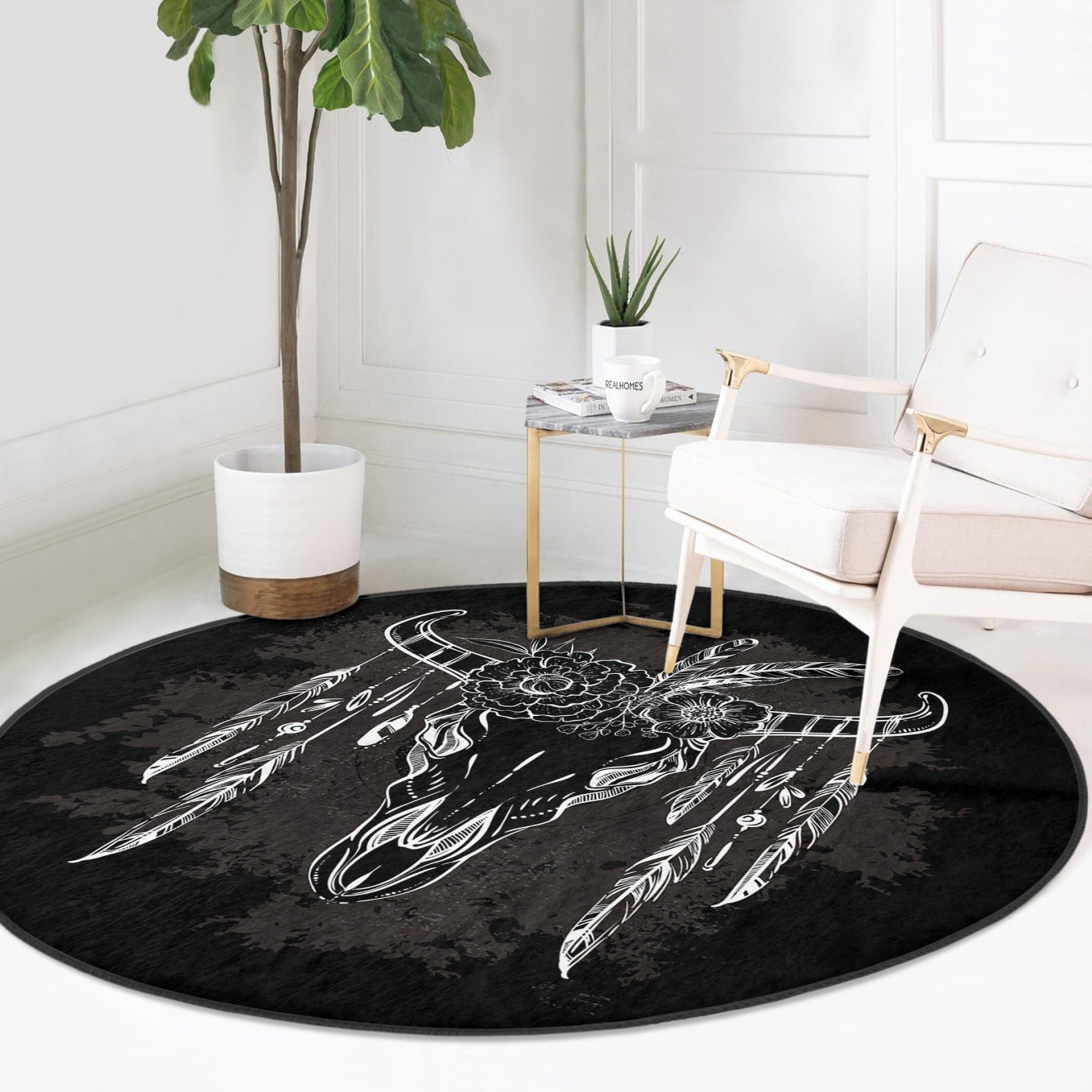Native Pattern Cow Head Washable Round Rug | Homeezone