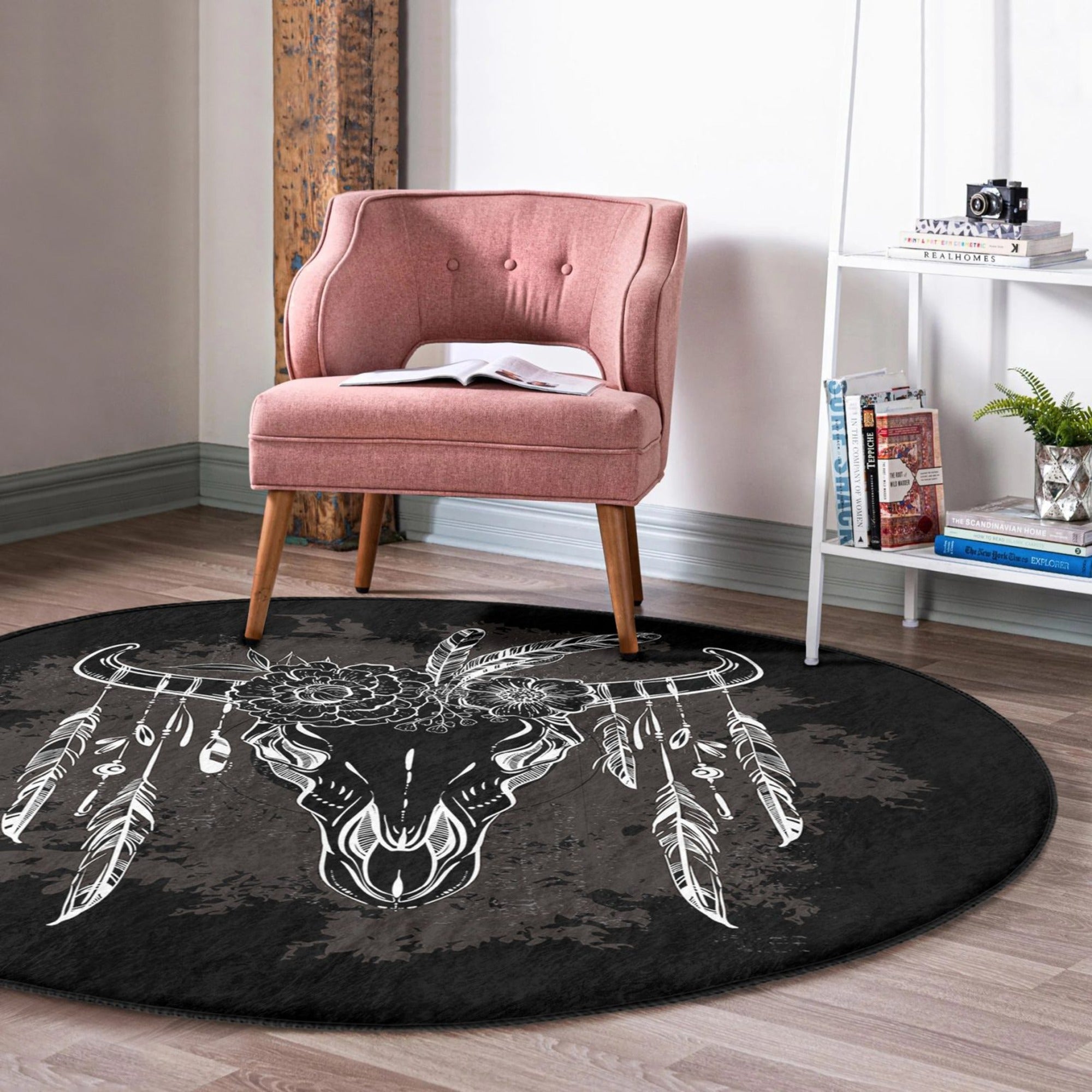 Native Pattern Cow Head Washable Round Rug | Homeezone