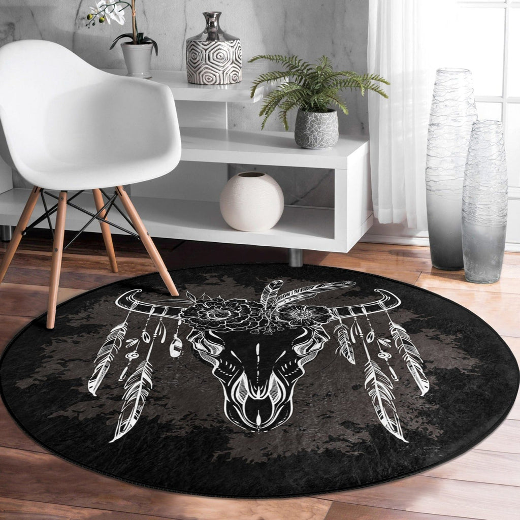 Native Pattern Cow Head Washable Round Rug | Homeezone