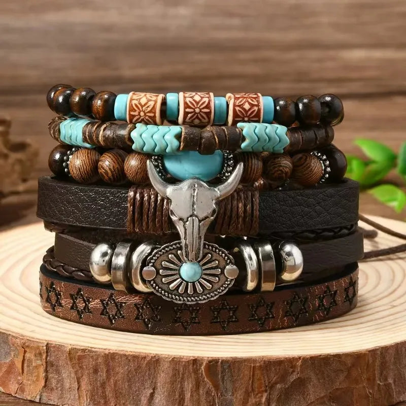 6pcs/Set Retro Western Cowboy Style Beaded Bracelets Bohemia Men