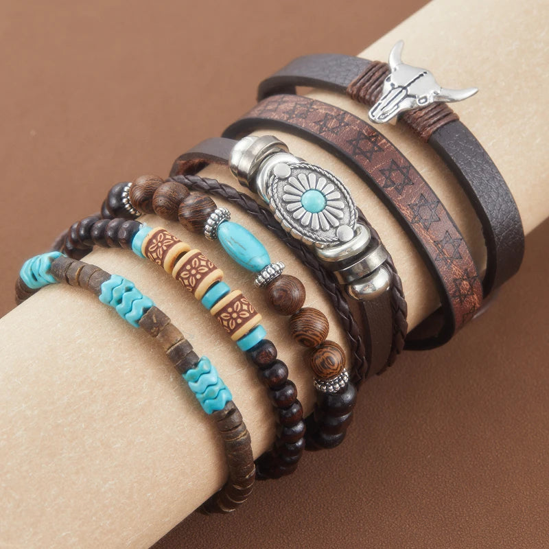 6pcs/Set Retro Western Cowboy Style Beaded Bracelets Bohemia Men