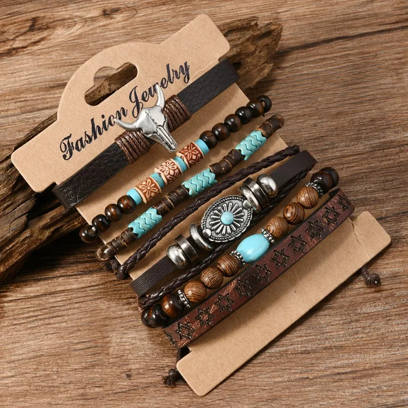 6pcs/Set Retro Western Cowboy Style Beaded Bracelets Bohemia Men