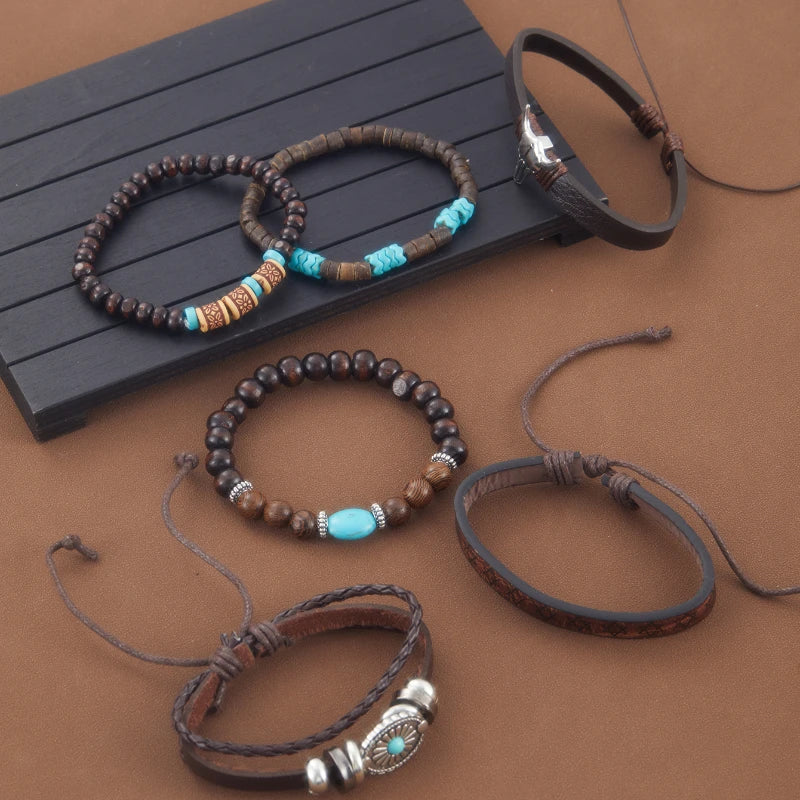 6pcs/Set Retro Western Cowboy Style Beaded Bracelets Bohemia Men