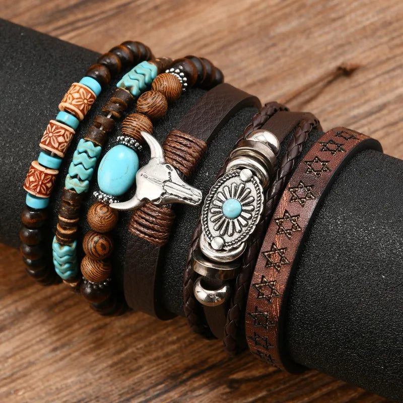 6pcs/Set Retro Western Cowboy Style Beaded Bracelets Bohemia Men