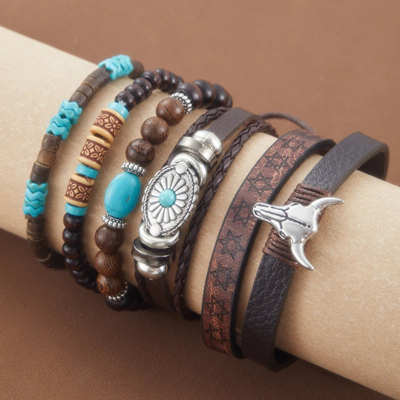 6pcs/Set Retro Western Cowboy Style Beaded Bracelets Bohemia Men