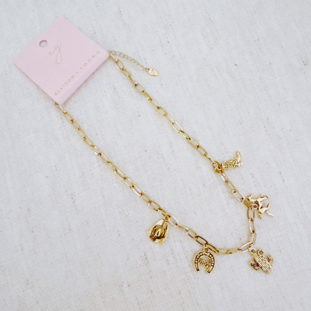 Western Cowgirl Charm Necklace – Cactus, Horseshoe & Boot