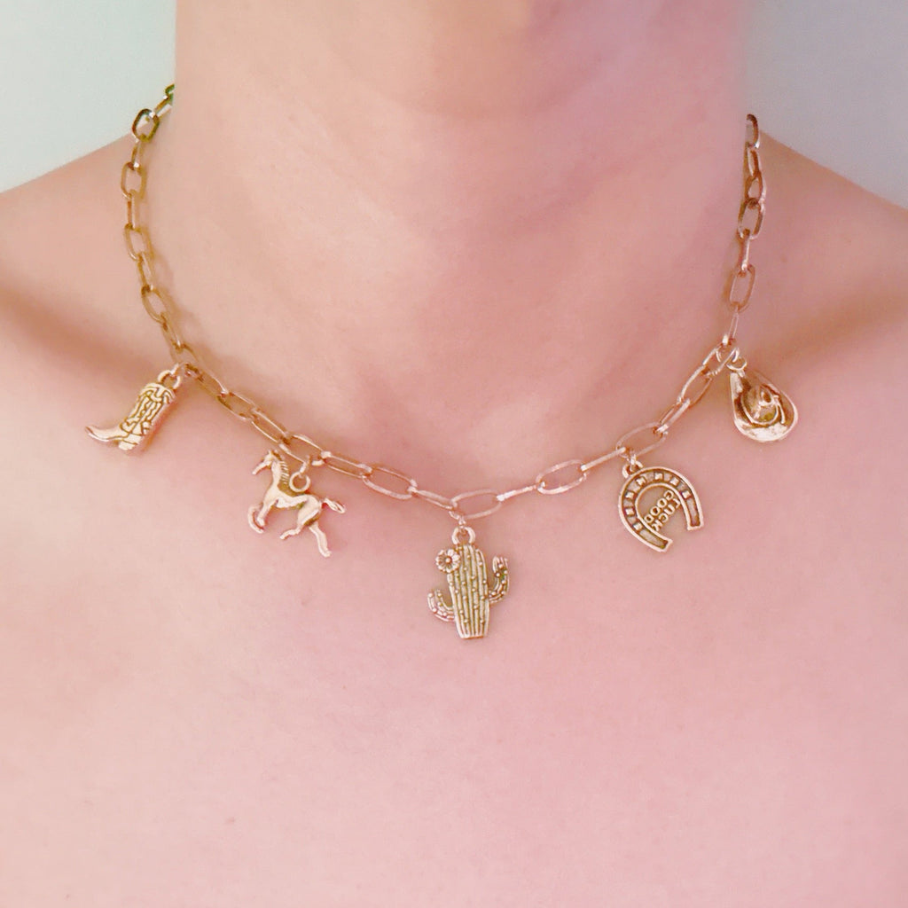 Western Cowgirl Charm Necklace – Cactus, Horseshoe & Boot